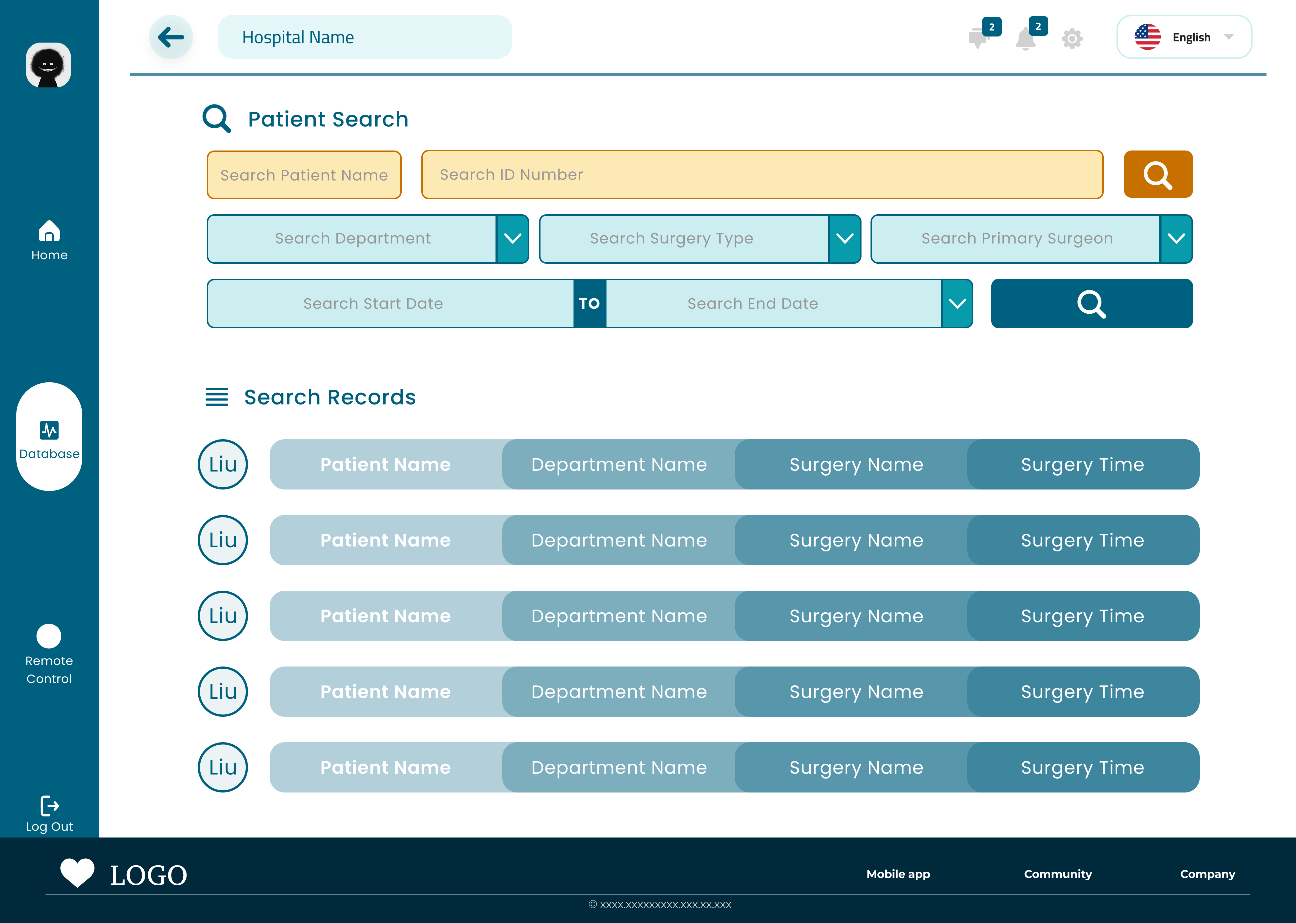 Patient search and data management screen